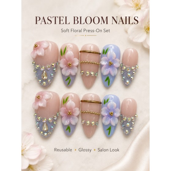 Pastel‑Bloom 3D Floral Press‑On Nails, Medium‑Long Almond Handmade False Nails with Gold Chains & Rhinestones